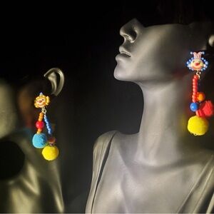Colorful Pom Pom Red Yellow Blue Dangle Earrings